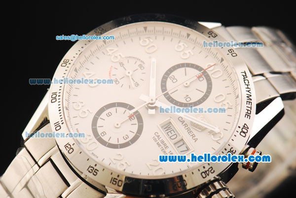 Tag Heuer Carrera Calibre 16 Asia Valjoux 7750 Automatic Chronograph with White Dial and Bezel-Big Calendar - Click Image to Close
